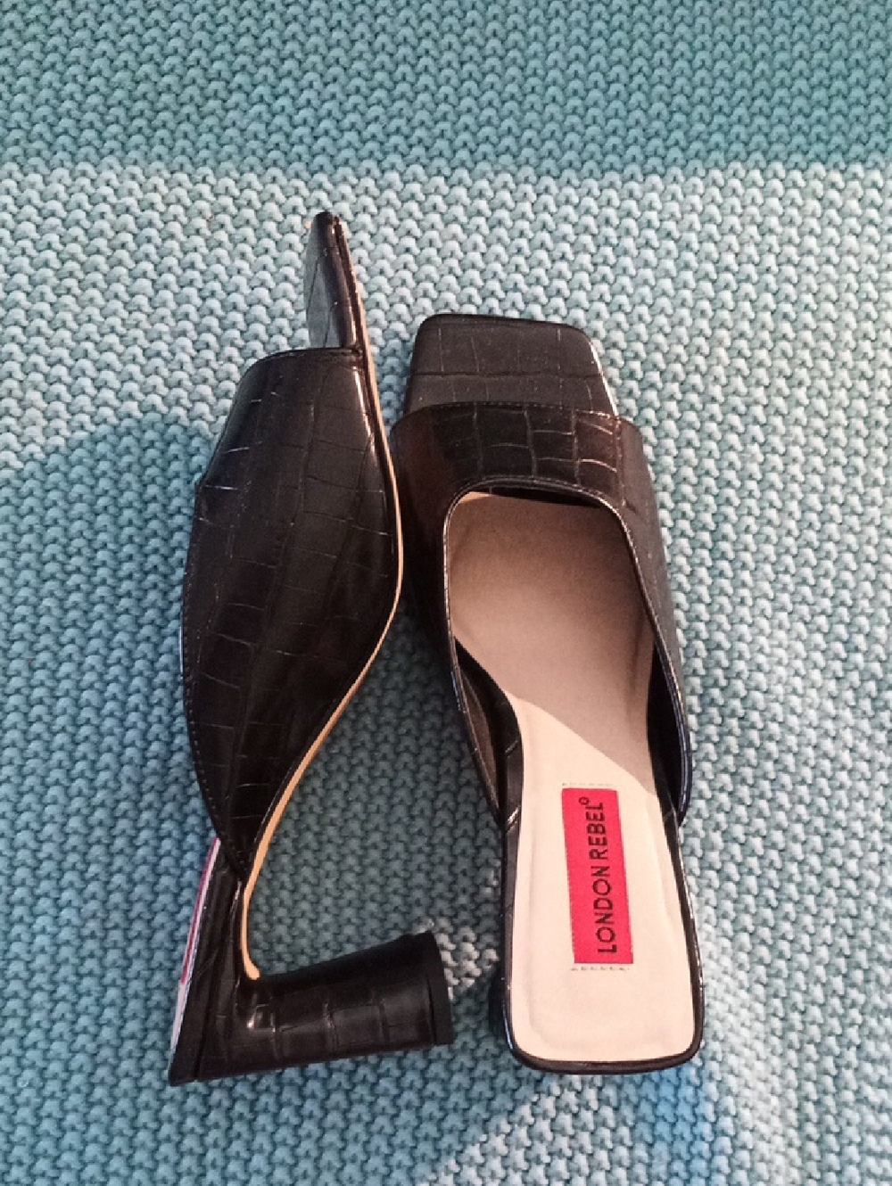 London Rebel Paige Black Croc-Embossed Block Heel Mules Size 39/9